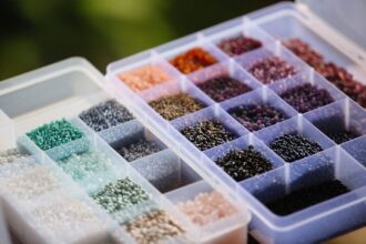 Boîte de rangement compartimentée remplie de perles de rocaille colorées