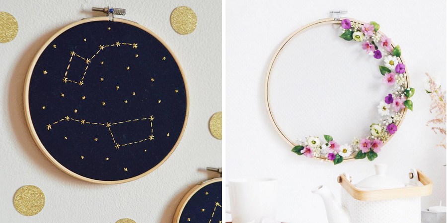 tambours a broder detournes en decoration murale fleurie et celeste src Coup de cœur du moment : 7 idées pour (enfin) se mettre à la broderie